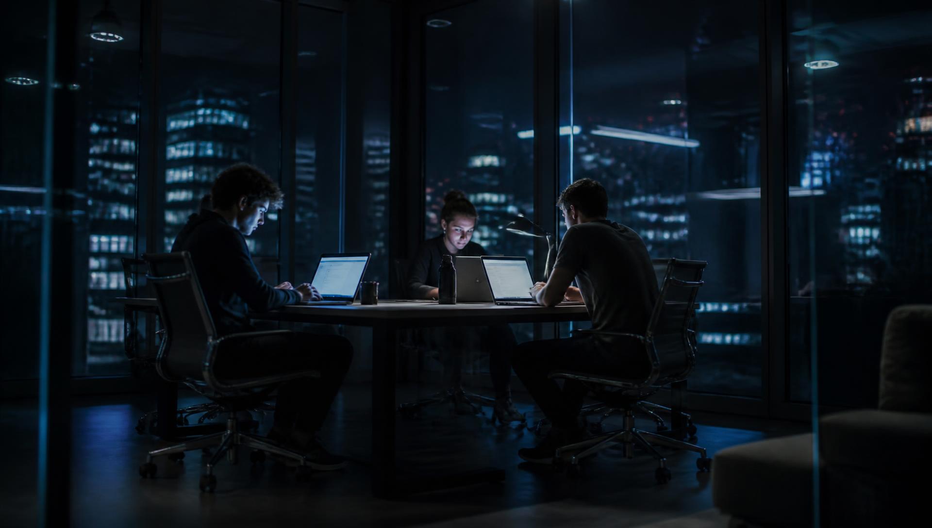 夜色中在玻璃办公室工作的创始团队