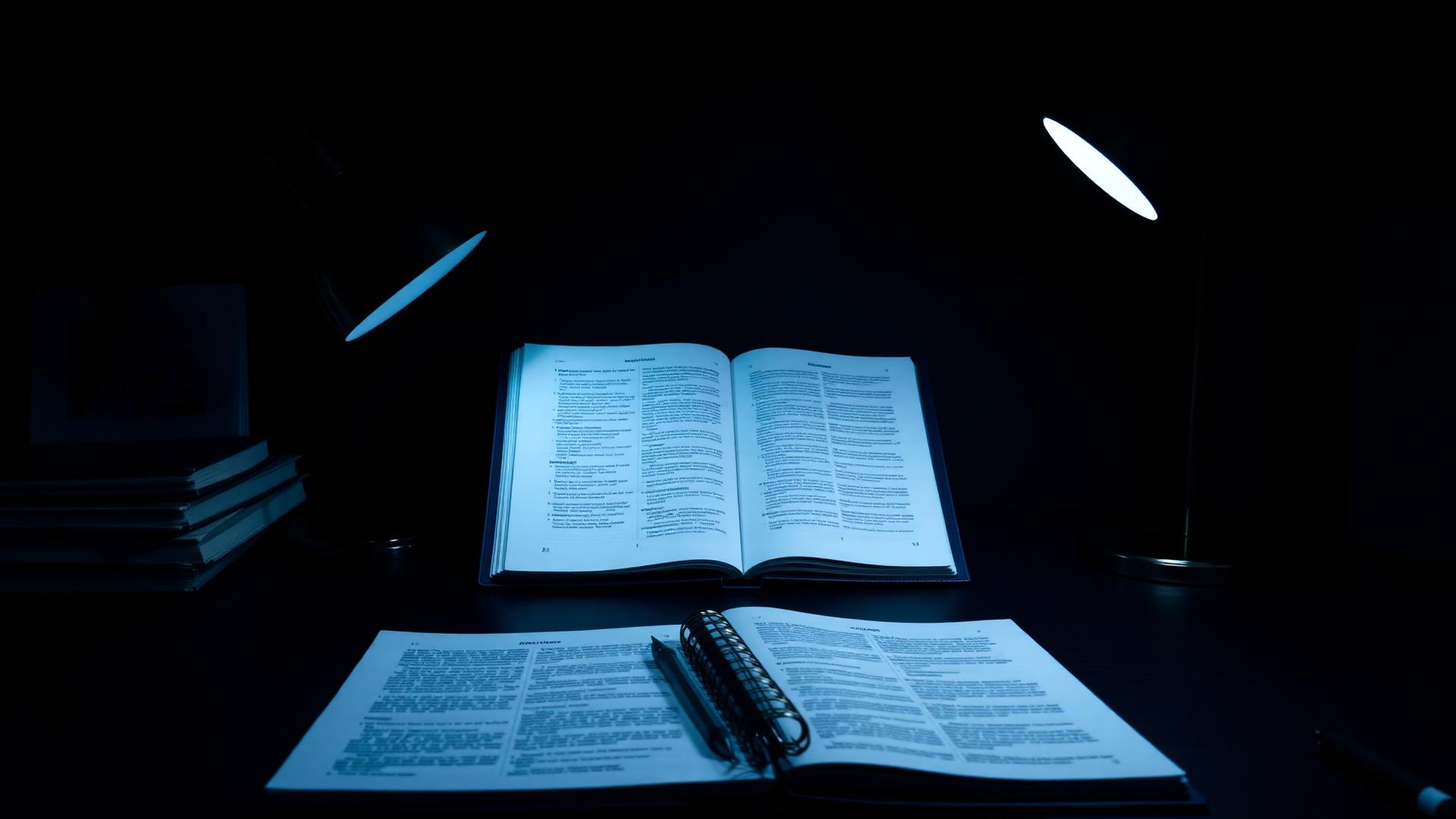 夜间书桌上摊开的研究资料
