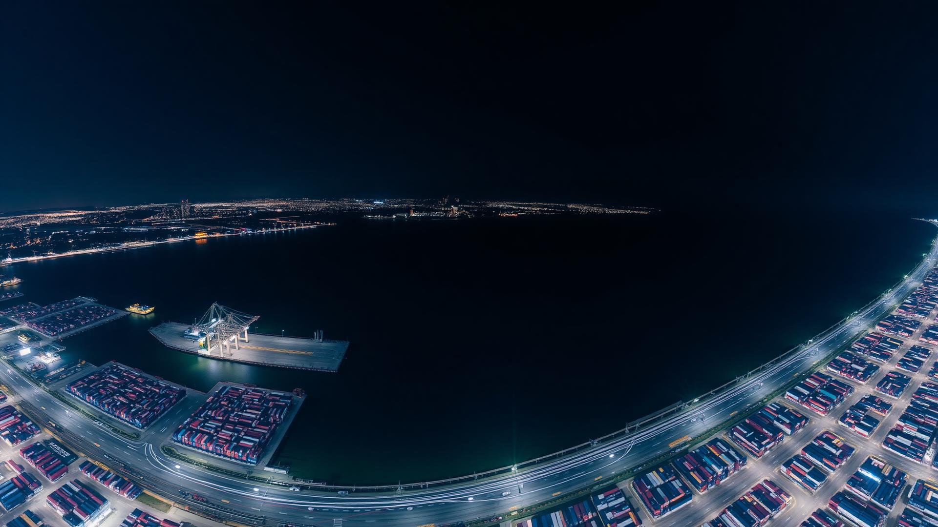 夜间港口与城市网络的航拍长曝光