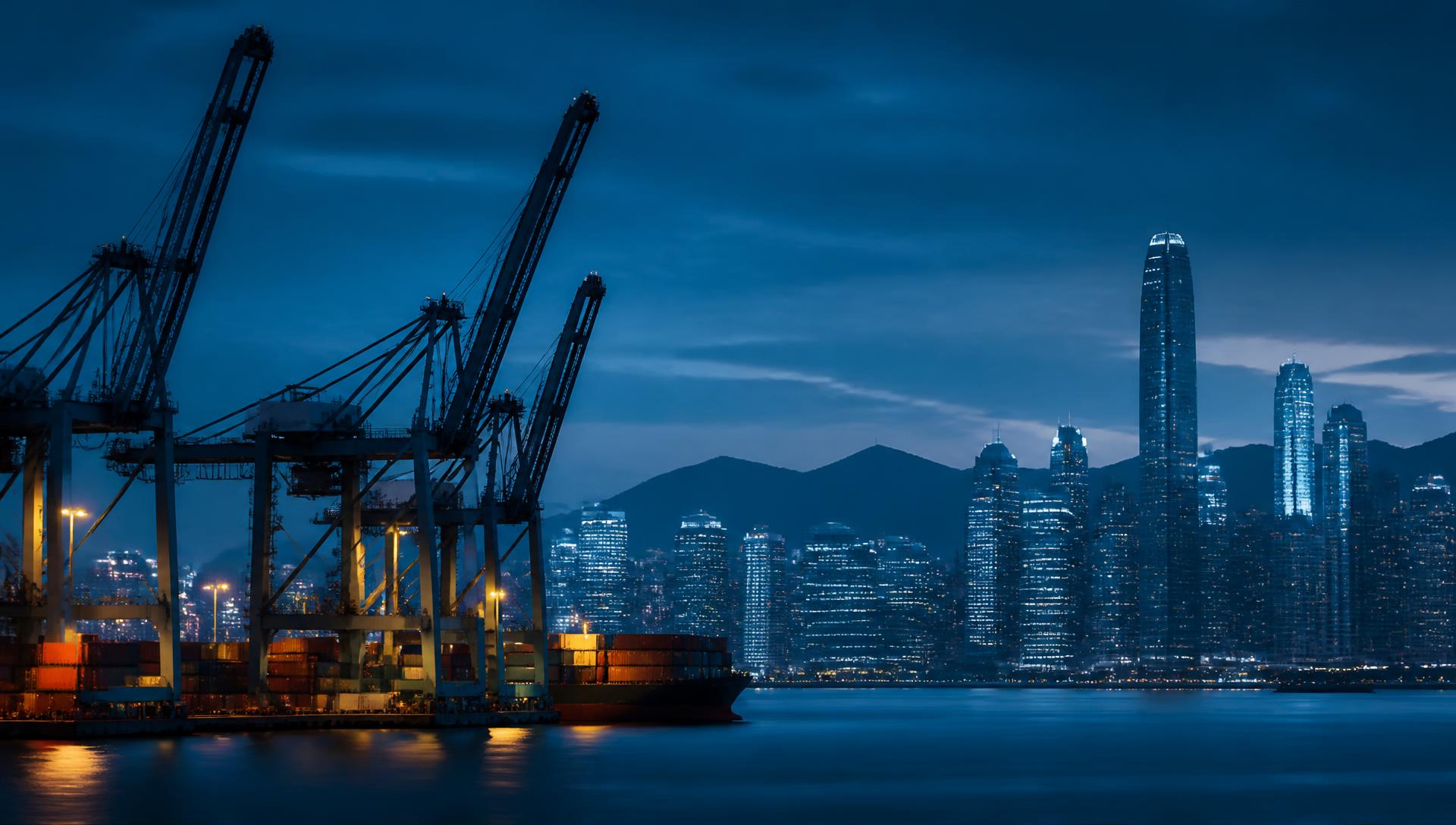 夜色中的集装箱港口与金融城天际线